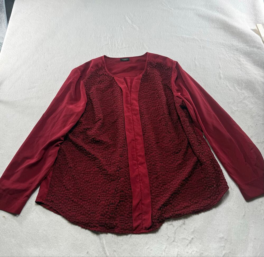 Talbots Burgundy Lace Front Blouse Long Sleeve Top Size Petite Large
